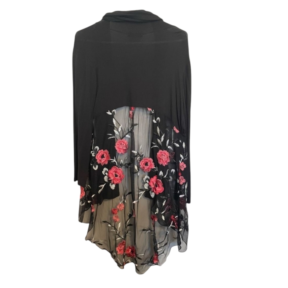 Kim & Cami Black Open Front Cardigan with Sheer‎ Embroidered Mesh, size Large
